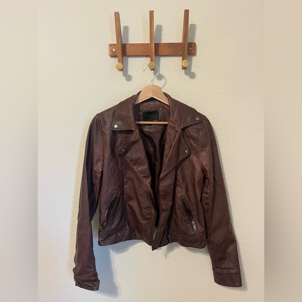 Blu Pepper Maroon/Burgundy Faux Leather Moto Jacket Size Large